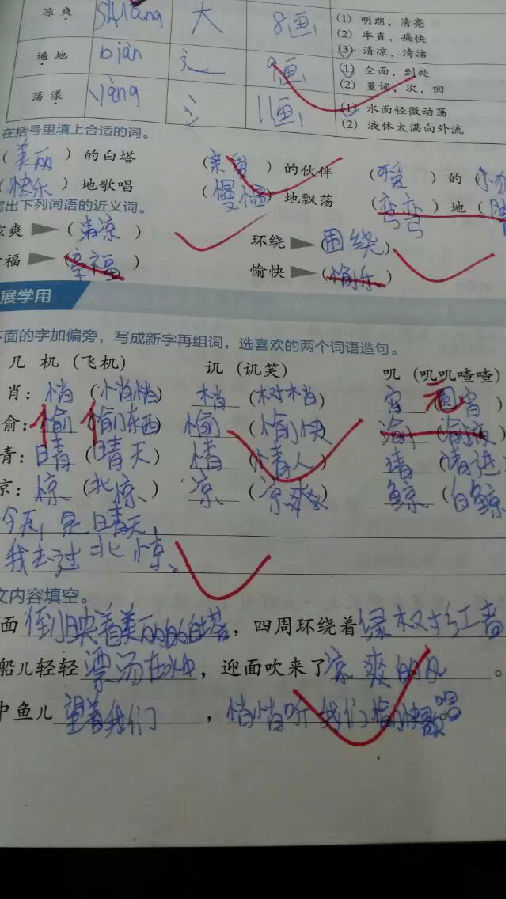      我连续批改到两本学生的作业,组词:情